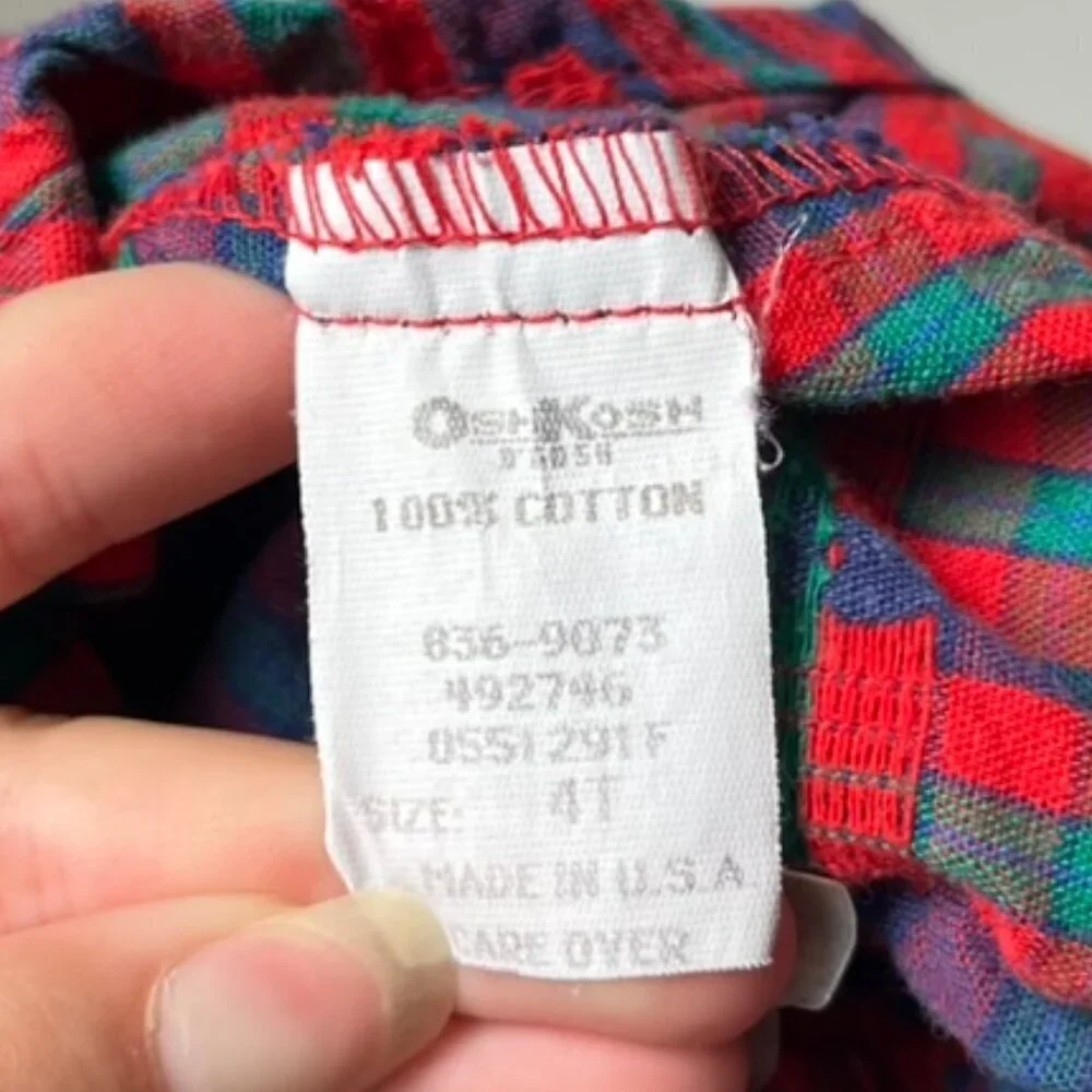Vintage 1980s OshKosh B'Gosh VestBak Woven Plaid Red Apples Overalls Girls 4T